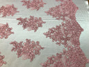Flower Lace Fabric - Pink - Floral Clusters Embroidered Lace Mesh Fabric Sold By The Yard
