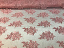 Flower Lace Fabric - Pink - Floral Clusters Embroidered Lace Mesh Fabric Sold By The Yard