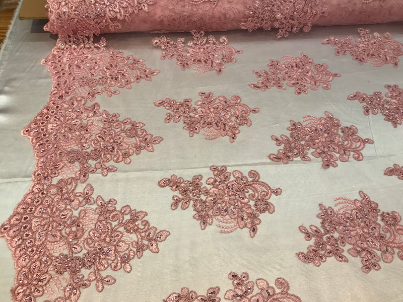 Flower Lace Fabric - Pink - Floral Clusters Embroidered Lace Mesh Fabric Sold By The Yard