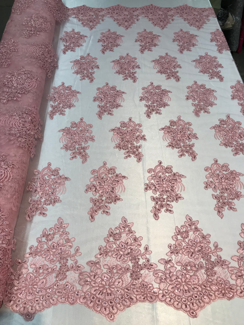 Flower Lace Fabric - Pink - Floral Clusters Embroidered Lace Mesh Fabric Sold By The Yard