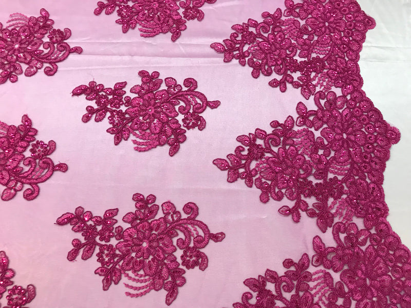 Flower Lace Fabric - Magenta - Floral Clusters Embroidered Lace Mesh Fabric Sold By The Yard