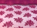Flower Lace Fabric - Magenta - Floral Clusters Embroidered Lace Mesh Fabric Sold By The Yard