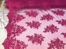 Flower Lace Fabric - Magenta - Floral Clusters Embroidered Lace Mesh Fabric Sold By The Yard