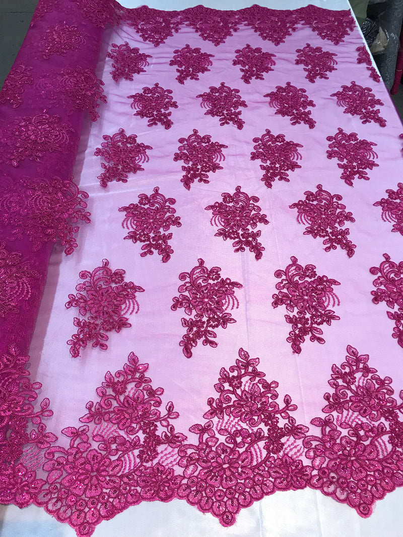 Flower Lace Fabric - Magenta - Floral Clusters Embroidered Lace Mesh Fabric Sold By The Yard