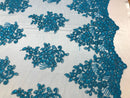 Flower Lace Fabric - Teal - Floral Clusters Embroidered Lace Mesh Fabric Sold By The Yard