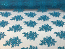 Flower Lace Fabric - Teal - Floral Clusters Embroidered Lace Mesh Fabric Sold By The Yard