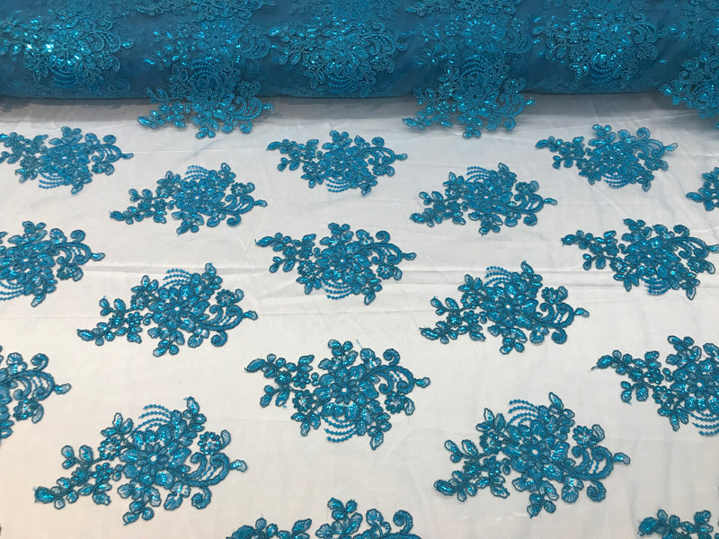 Flower Lace Fabric - Teal - Floral Clusters Embroidered Lace Mesh Fabric Sold By The Yard