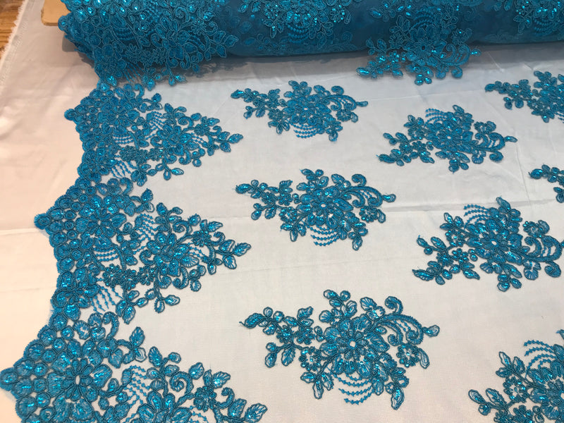 Flower Lace Fabric - Teal - Floral Clusters Embroidered Lace Mesh Fabric Sold By The Yard