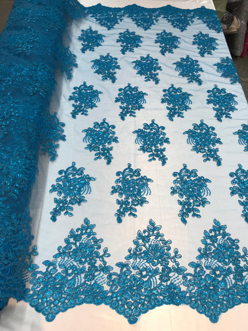 Flower Lace Fabric - Teal - Floral Clusters Embroidered Lace Mesh Fabric Sold By The Yard