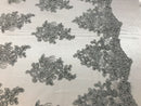 Flower Lace Fabric - Silver - Floral Clusters Embroidered Lace Mesh Fabric Sold By The Yard