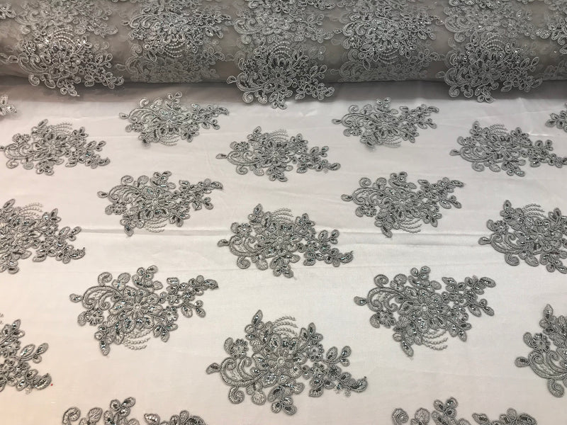 Flower Lace Fabric - Silver - Floral Clusters Embroidered Lace Mesh Fabric Sold By The Yard
