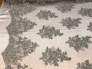Flower Lace Fabric - Silver - Floral Clusters Embroidered Lace Mesh Fabric Sold By The Yard