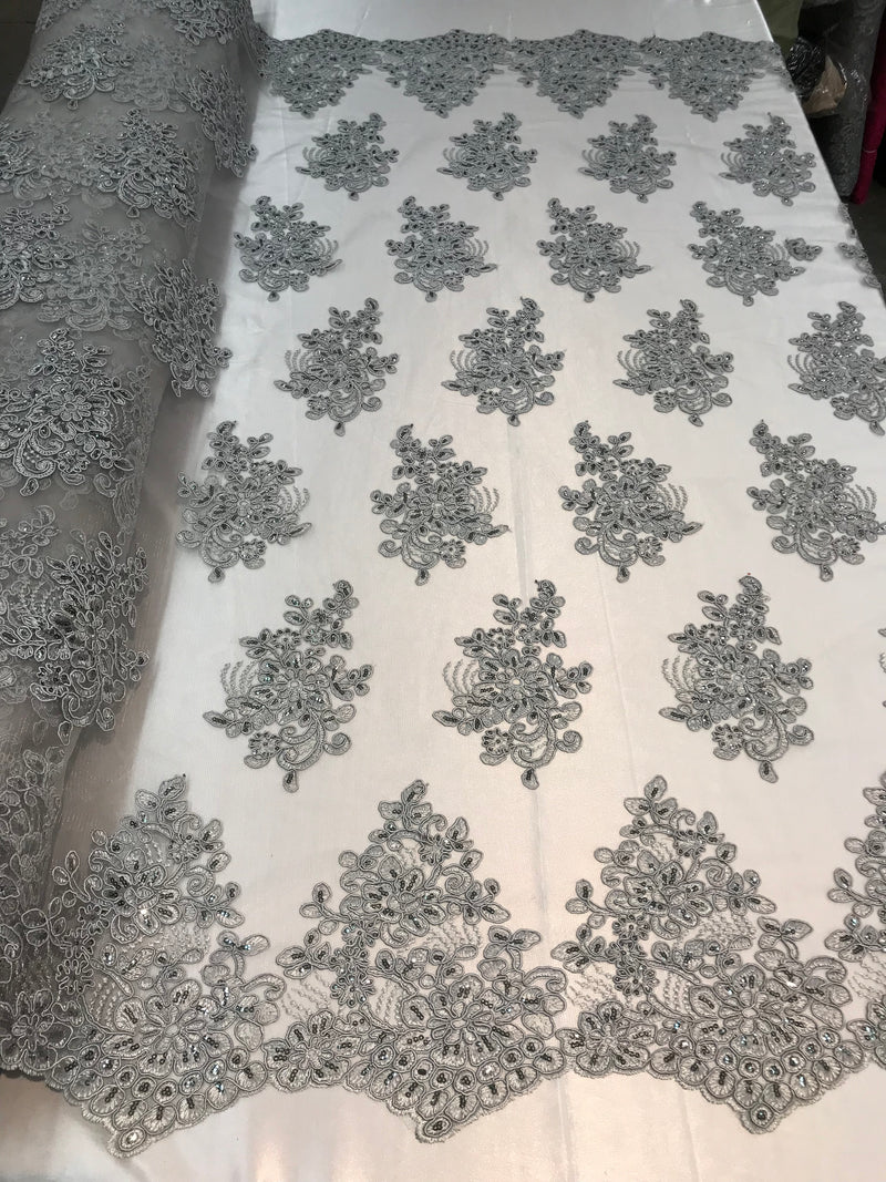 Flower Lace Fabric - Silver - Floral Clusters Embroidered Lace Mesh Fabric Sold By The Yard