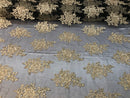 Flower Lace Fabric - Gold on Black - Floral Clusters Embroidered Lace Mesh Fabric Sold By The Yard