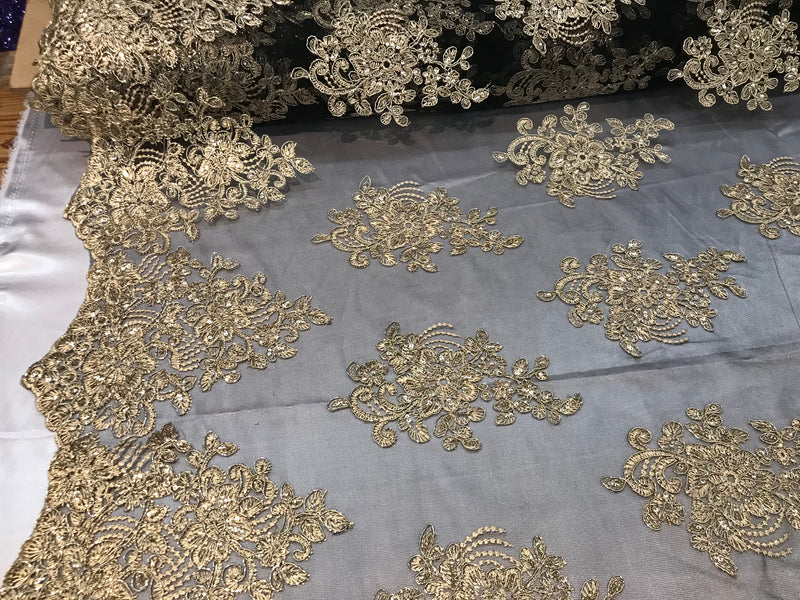 Flower Lace Fabric - Gold on Black - Floral Clusters Embroidered Lace Mesh Fabric Sold By The Yard