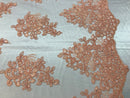 Flower Lace Fabric - Light Peach - Floral Clusters Embroidered Lace Mesh Fabric Sold By The Yard