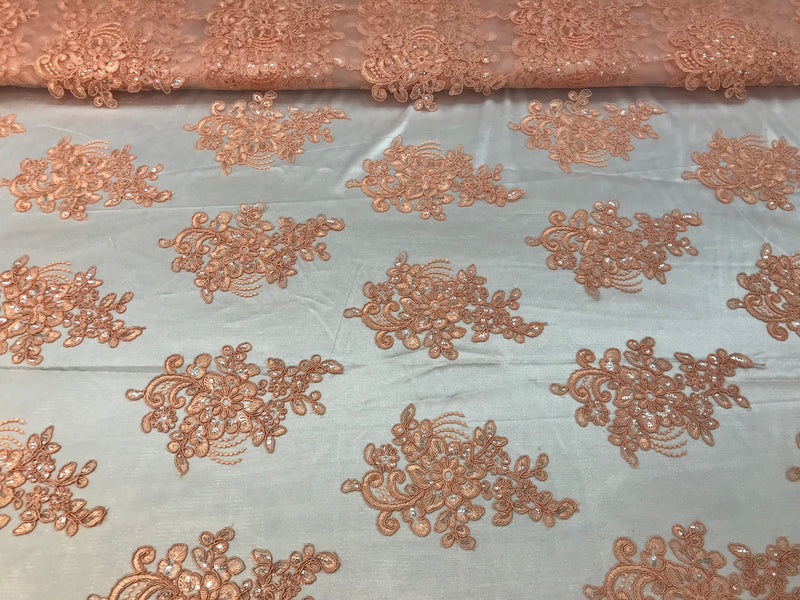Flower Lace Fabric - Light Peach - Floral Clusters Embroidered Lace Mesh Fabric Sold By The Yard