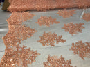 Flower Lace Fabric - Light Peach - Floral Clusters Embroidered Lace Mesh Fabric Sold By The Yard