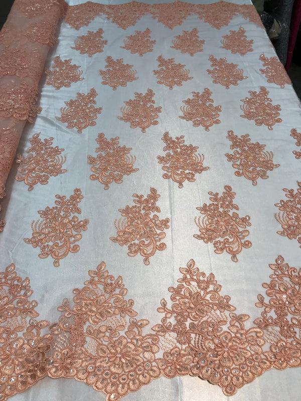 Flower Lace Fabric - Light Peach - Floral Clusters Embroidered Lace Mesh Fabric Sold By The Yard