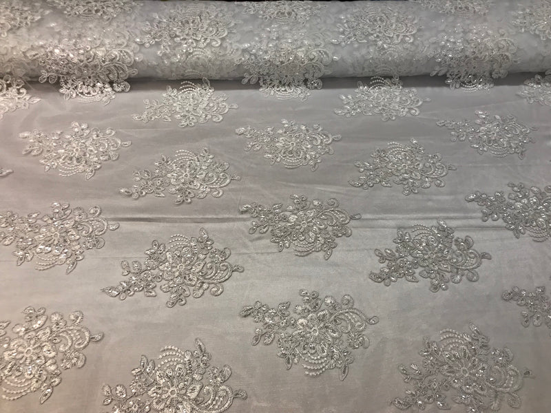 Flower Lace Fabric - White - Floral Clusters Embroidered Lace Mesh Fabric Sold By The Yard