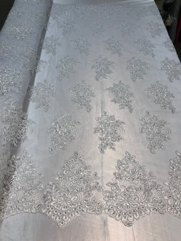 Flower Lace Fabric - White - Floral Clusters Embroidered Lace Mesh Fabric Sold By The Yard