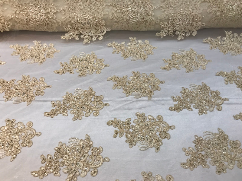 Flower Lace Fabric - Light Beige - Floral Clusters Embroidered Lace Mesh Fabric Sold By The Yard
