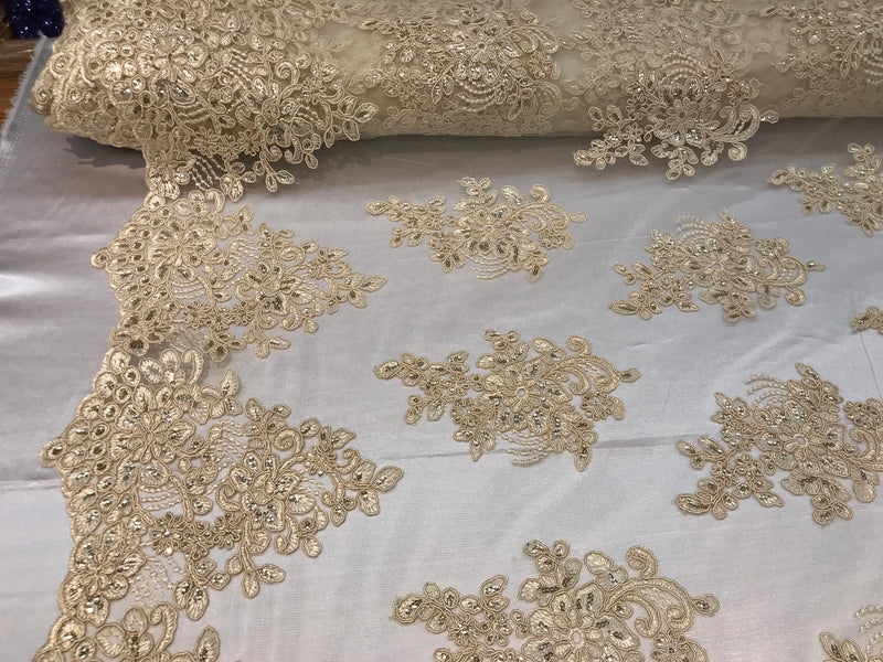 Flower Lace Fabric - Light Beige - Floral Clusters Embroidered Lace Mesh Fabric Sold By The Yard