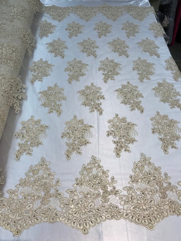 Flower Lace Fabric - Light Beige - Floral Clusters Embroidered Lace Mesh Fabric Sold By The Yard