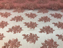 Flower Lace Fabric - Mauve - Floral Clusters Embroidered Lace Mesh Fabric Sold By The Yard