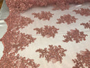 Flower Lace Fabric - Mauve - Floral Clusters Embroidered Lace Mesh Fabric Sold By The Yard