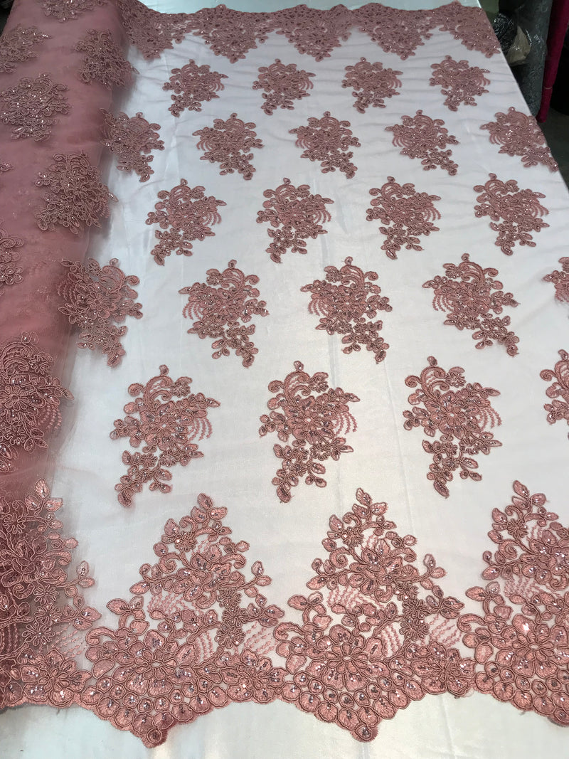 Flower Lace Fabric - Mauve - Floral Clusters Embroidered Lace Mesh Fabric Sold By The Yard
