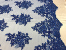Flower Lace Fabric - Royal Blue - Floral Clusters Embroidered Lace Mesh Fabric Sold By The Yard