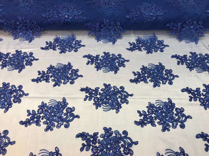 Flower Lace Fabric - Royal Blue - Floral Clusters Embroidered Lace Mesh Fabric Sold By The Yard