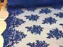 Flower Lace Fabric - Royal Blue - Floral Clusters Embroidered Lace Mesh Fabric Sold By The Yard