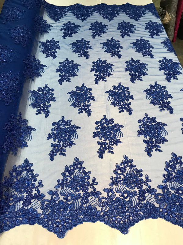 Flower Lace Fabric - Royal Blue - Floral Clusters Embroidered Lace Mesh Fabric Sold By The Yard