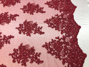 Flower Lace Fabric - Burgundy - Floral Clusters Embroidered Lace Mesh Fabric Sold By The Yard