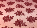 Flower Lace Fabric - Burgundy - Floral Clusters Embroidered Lace Mesh Fabric Sold By The Yard