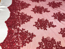 Flower Lace Fabric - Burgundy - Floral Clusters Embroidered Lace Mesh Fabric Sold By The Yard