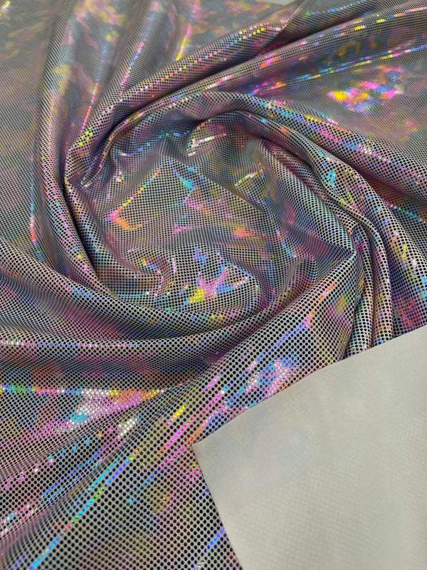 Polka Dot Foil Fabric - Rainbow on White - Iridescent Polka Dot Design on Spandex Fabric