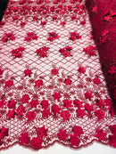 3D Floral Design - Burgundy - Embroidered 3D Flowers on Triangle Net Mesh Sold By The Yard