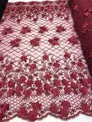 3D Floral Design - Burgundy - Embroidered 3D Flowers on Triangle Net Mesh Sold By The Yard