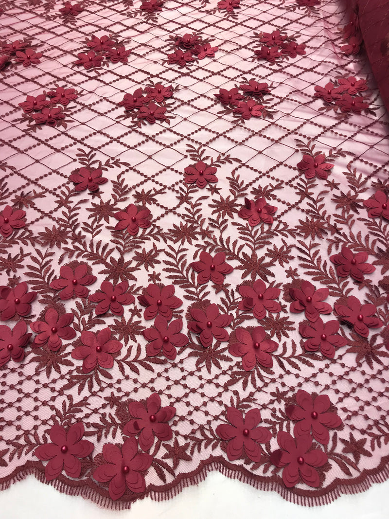 3D Floral Design - Burgundy - Embroidered 3D Flowers on Triangle Net Mesh Sold By The Yard
