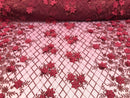 3D Floral Design - Burgundy - Embroidered 3D Flowers on Triangle Net Mesh Sold By The Yard