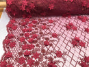 3D Floral Design - Burgundy - Embroidered 3D Flowers on Triangle Net Mesh Sold By The Yard