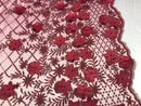 3D Floral Design - Burgundy - Embroidered 3D Flowers on Triangle Net Mesh Sold By The Yard