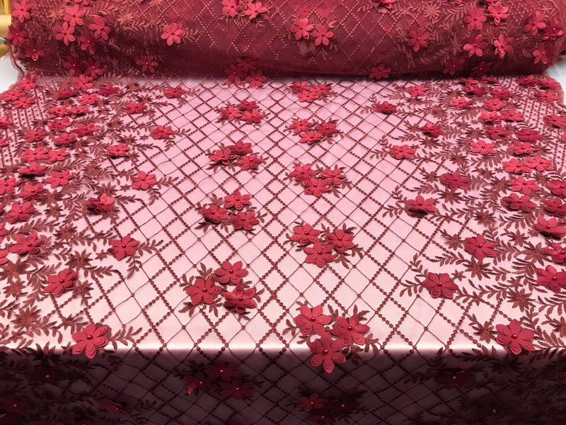 3D Floral Design - Burgundy - Embroidered 3D Flowers on Triangle Net Mesh Sold By The Yard