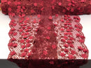 3D Floral Design - Burgundy - Embroidered 3D Flowers on Triangle Net Mesh Sold By The Yard