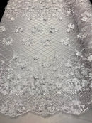 3D Floral Design - Ivory - Embroidered 3D Flowers on Triangle Net Mesh Sold By The Yard