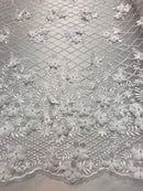 3D Floral Design - Ivory - Embroidered 3D Flowers on Triangle Net Mesh Sold By The Yard