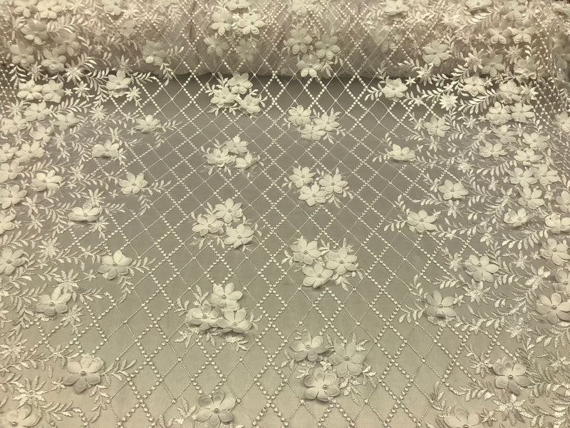 3D Floral Design - Ivory - Embroidered 3D Flowers on Triangle Net Mesh Sold By The Yard